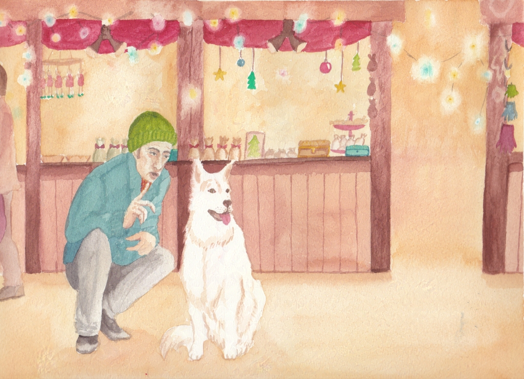 man talking to a dog on a Christmas Market